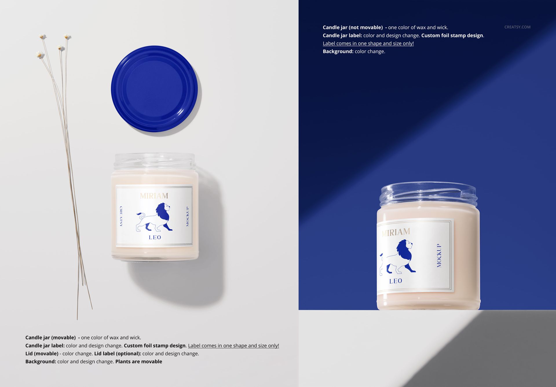 9oz soy candle mockup featuring a clear jar, blue label and lid, with thin twigs arranged beside the candle.