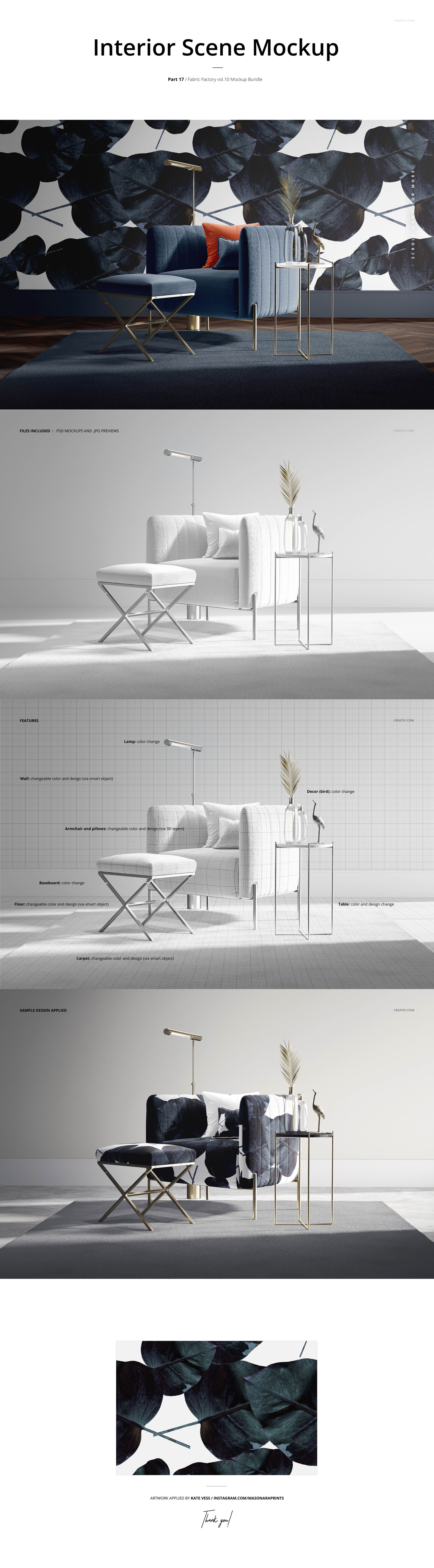 Interior scene featuring a fabric chair, side table, and lamp, with large leaf-patterned wall art in a PSD mockup.