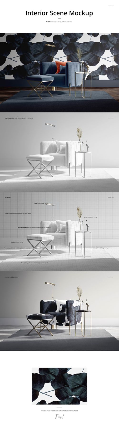 Interior scene featuring a fabric chair, side table, and lamp, with large leaf-patterned wall art in a PSD mockup.