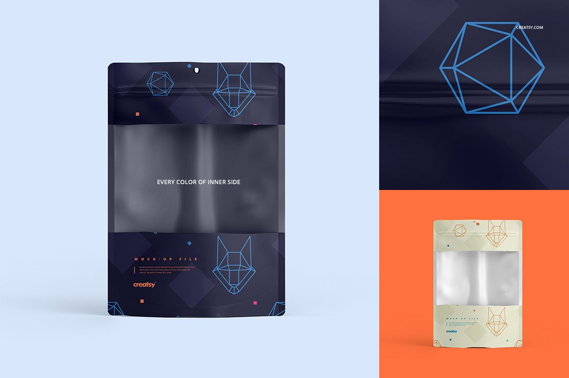 Plastic window bag mockup set showing three designs with transparent windows and geometric line art accents.
