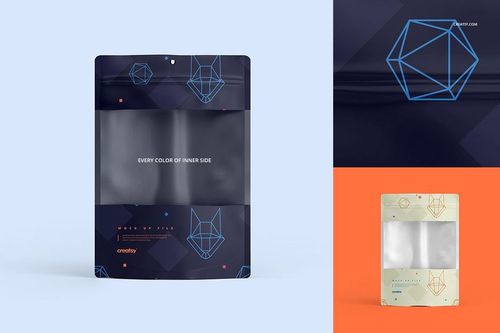 Plastic window bag mockup set showing three designs with transparent windows and geometric line art accents.