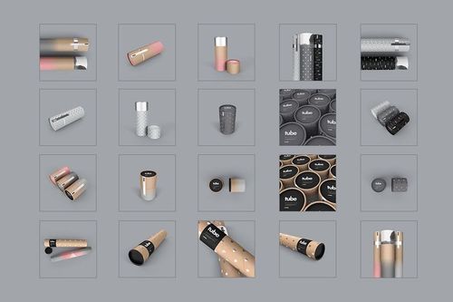 Set of cylindrical paper tube packaging mockups in various colors and patterns, displayed on a gray background.