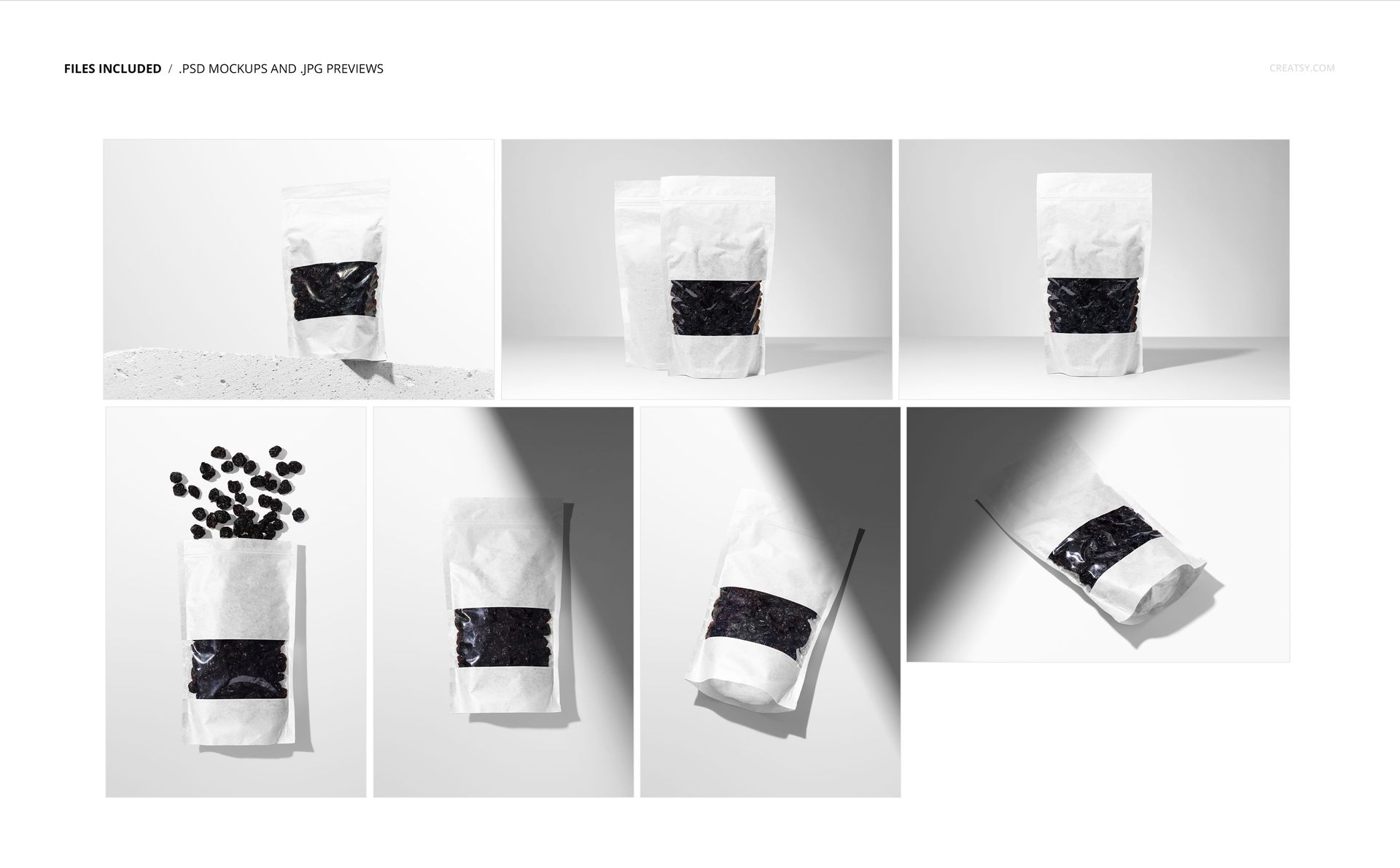 Dried cherries paper pouch PSD mockup set featuring different arrangements and lighting, with cherries spilling out in some scenes.