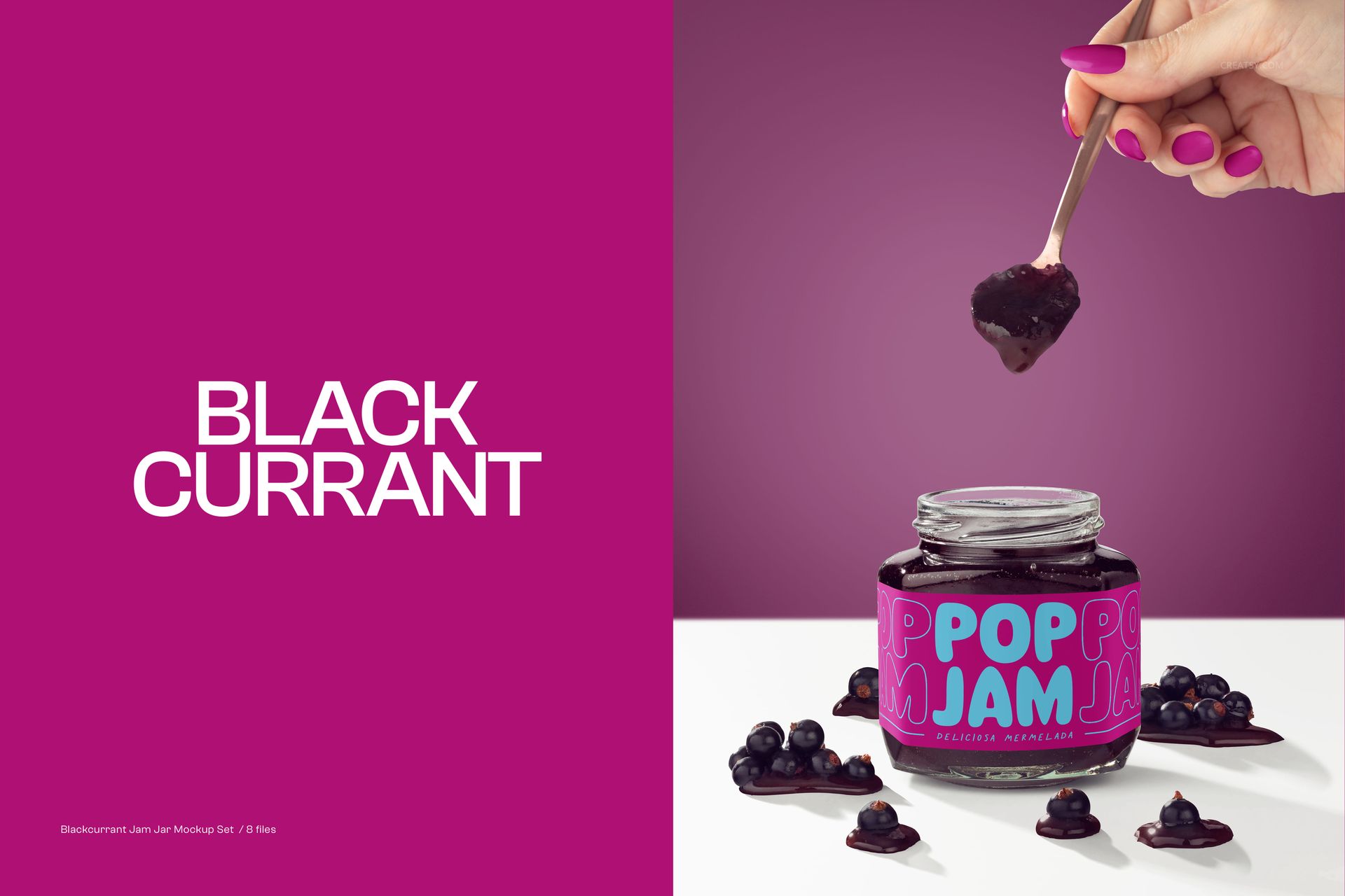PSD mockup showing a glass jam jar labeled in purple, placed on a white surface with spilled jam and black currants.