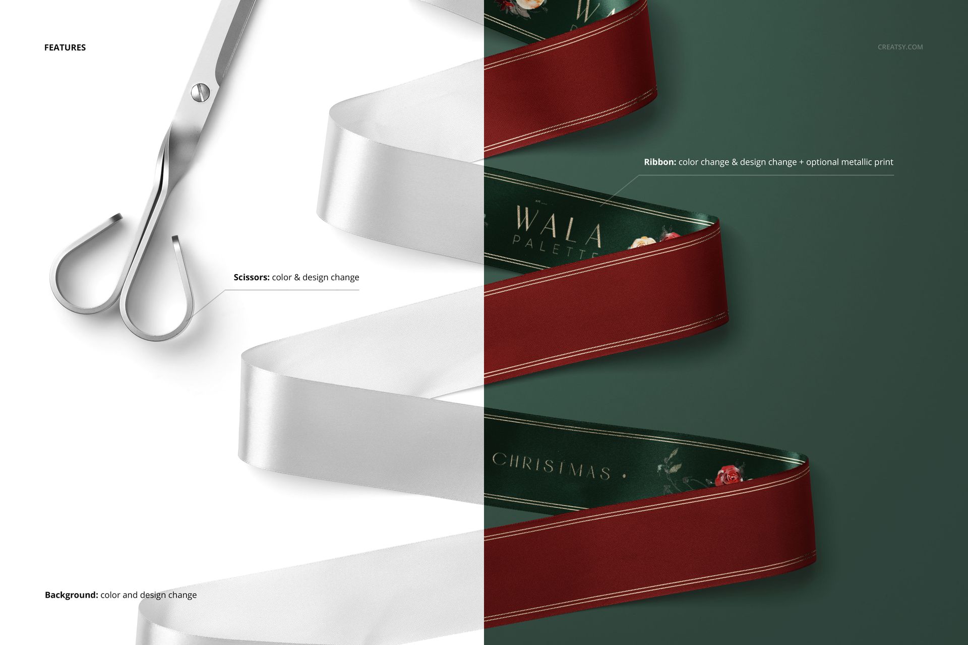 Front view of a Christmas ribbon mockup showing a red velvet ribbon curled on a green background with silver scissors.