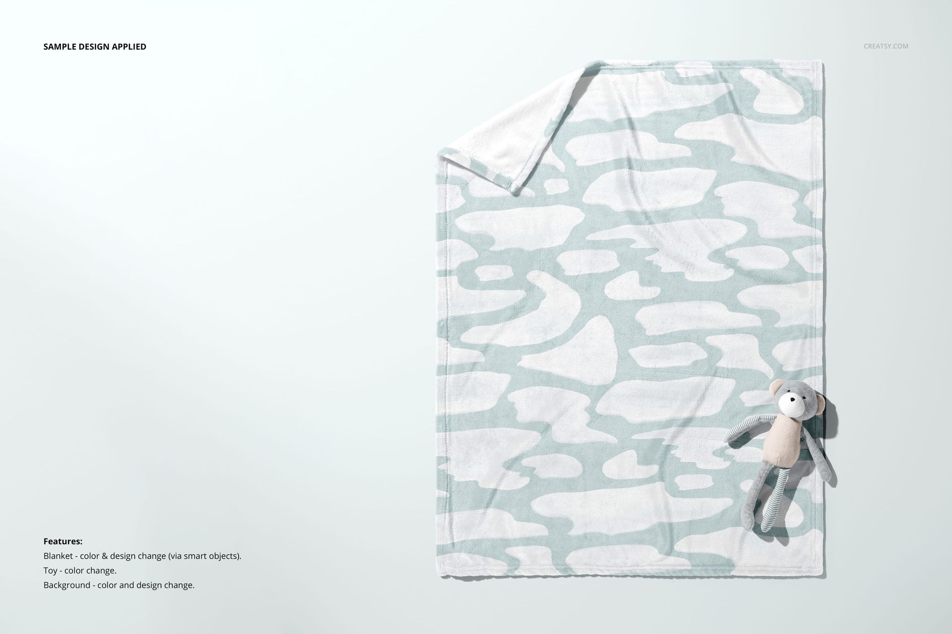 30x40 fleece blanket mockup featuring a soft blue and white design, displayed flat with a stuffed animal nearby.