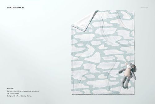 30x40 fleece blanket mockup featuring a soft blue and white design, displayed flat with a stuffed animal nearby.