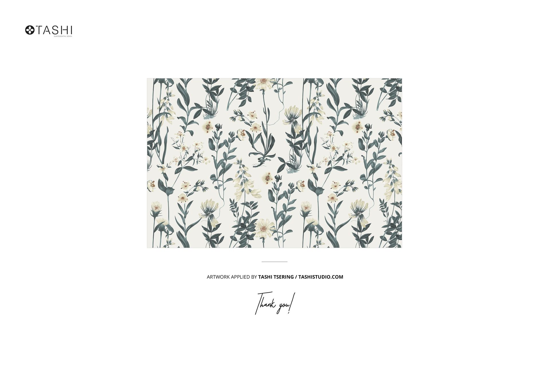 Front view of cotton fabric swatch mockup featuring a botanical pattern with green leaves and delicate flowers.