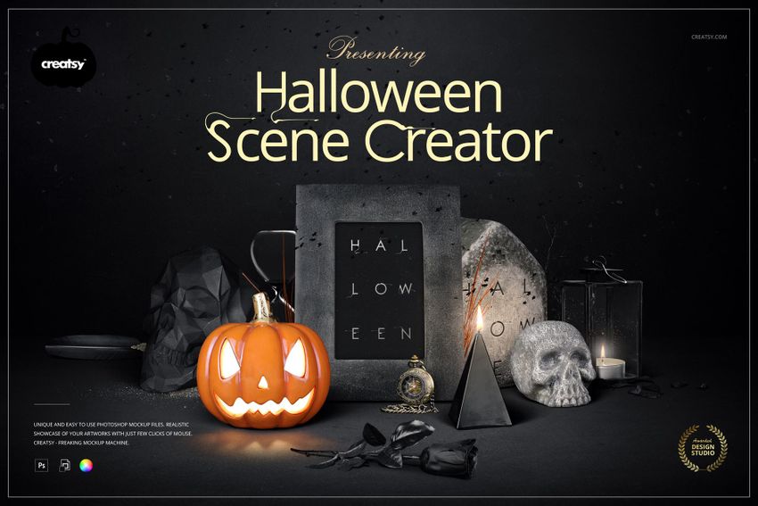 Halloween scene featuring a glowing jack-o'-lantern, black polygonal objects, a stone skull, and a framed mockup.