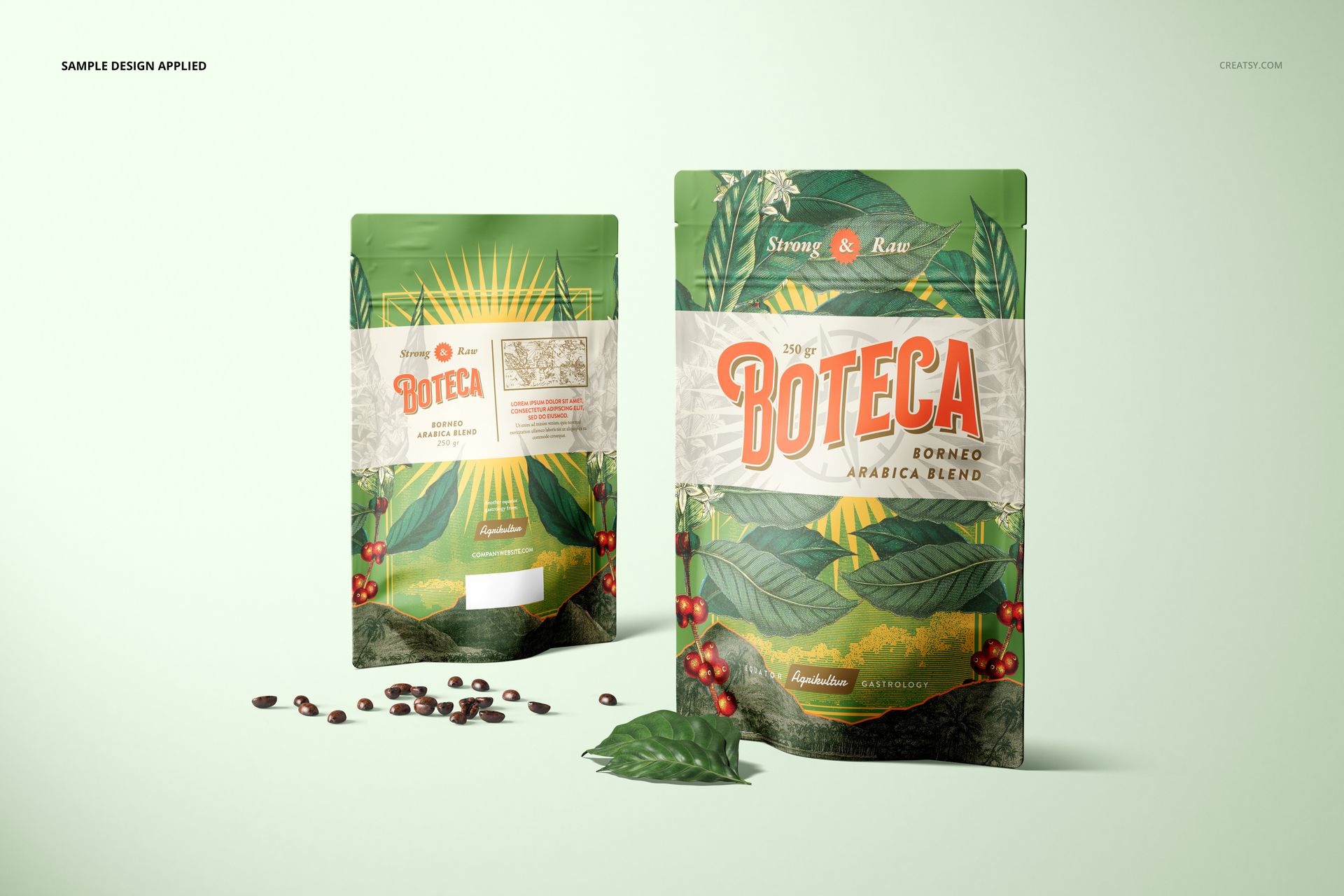 PSD mockup of doypack bag pouches with green foliage and red coffee berry patterns, displayed on a pale surface.