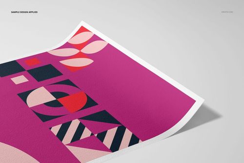 A3 fine art print mockup featuring a geometric abstract pattern in pink, red, black, and cream tones on textured paper.