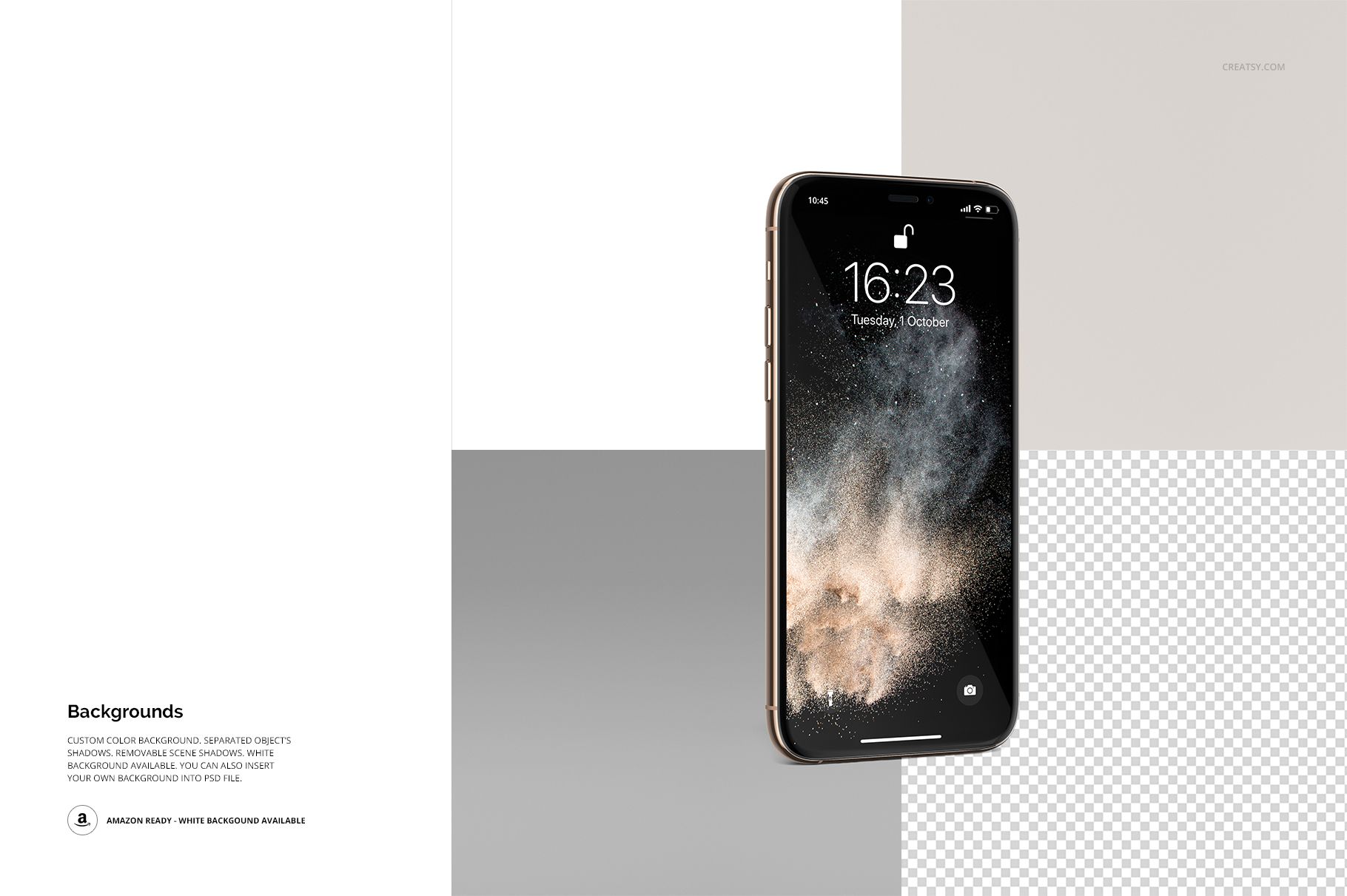 Single iPhone 11 Pro mockup with a black and gold frame, displayed upright against a split gray and white backdrop.