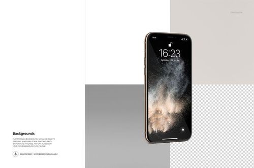 Single iPhone 11 Pro mockup with a black and gold frame, displayed upright against a split gray and white backdrop.