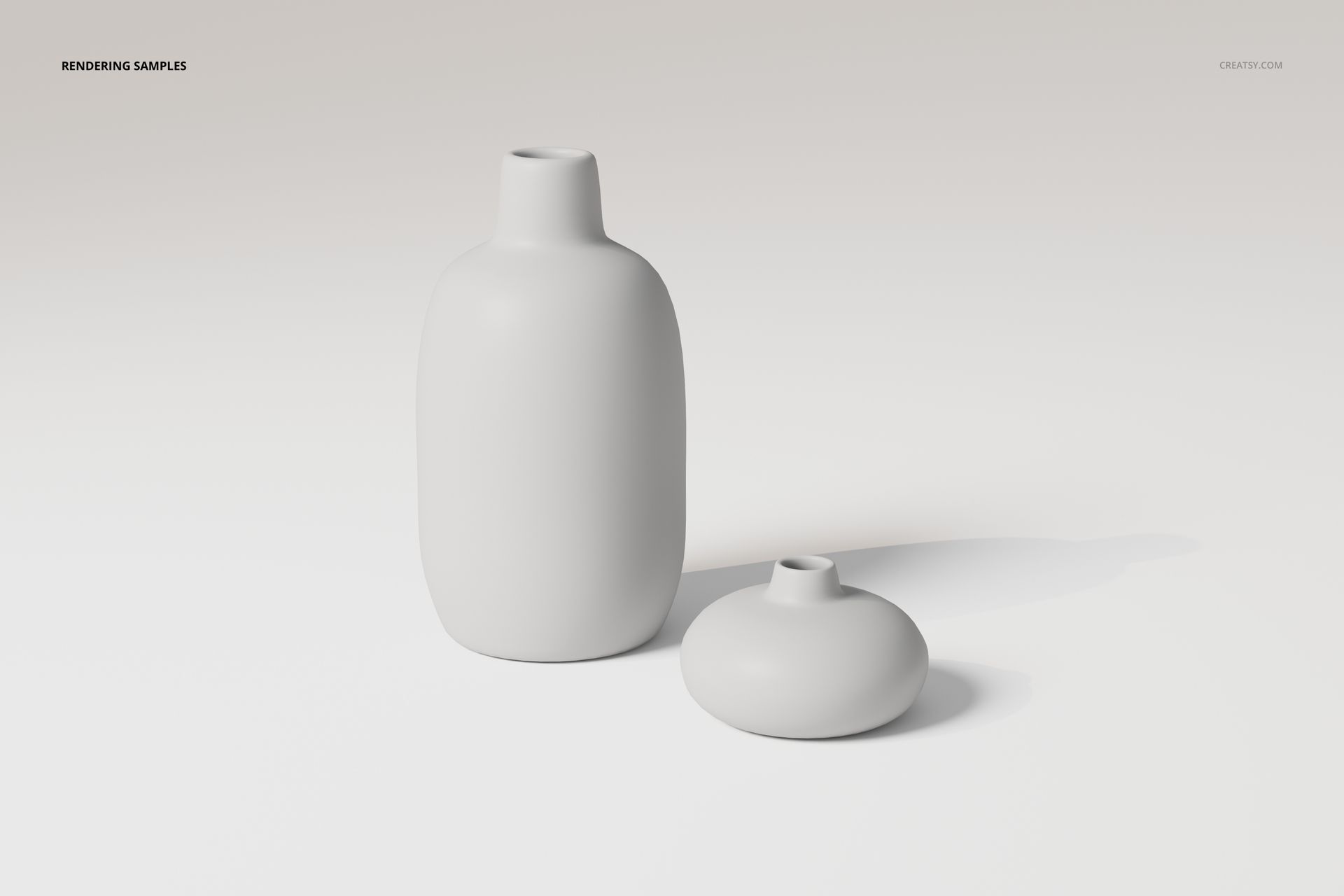 Two ceramic flower vases in matte white, one tall and one short, displayed on a plain light background, front view.