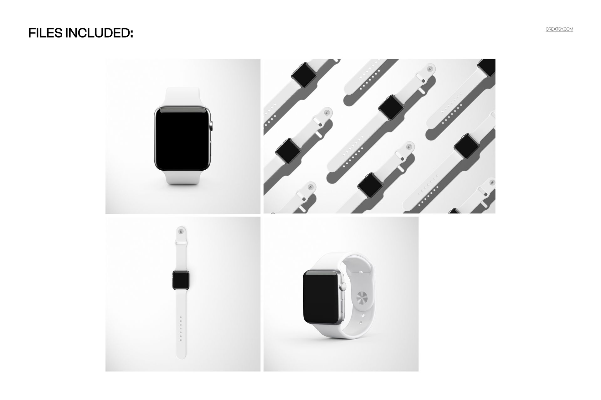 PSD mockup featuring Apple Watch bands in white, arranged individually and in a repeating pattern, with minimalistic styling.