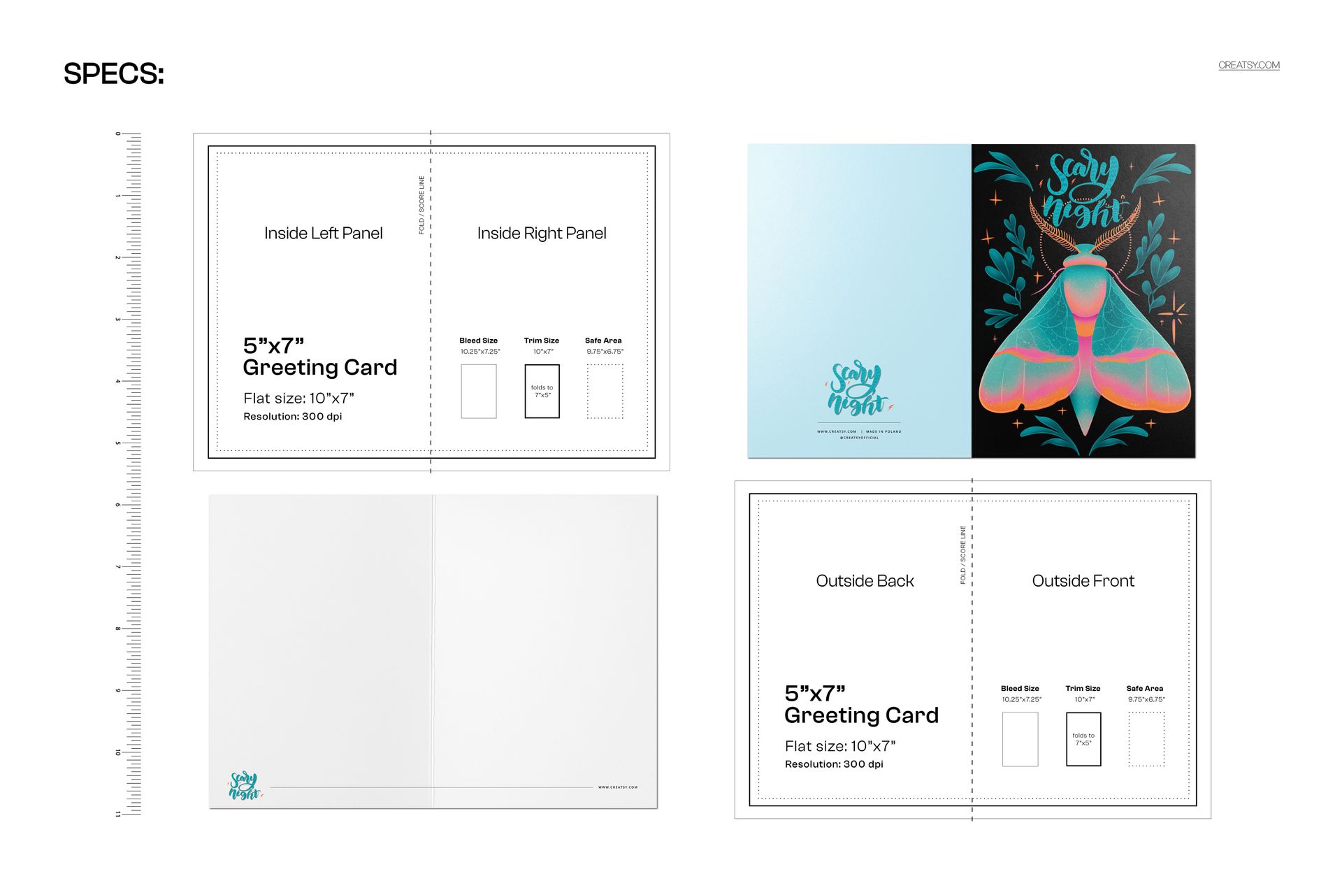 Front and back view of a 5x7 greeting card mockup featuring a vintage moth illustration in teal and pink tones.