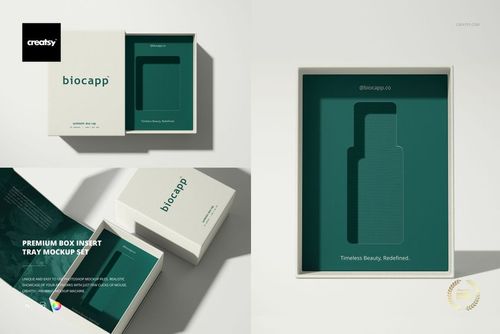 Premium box insert tray mockup featuring a green tray with product cutout, shown in top and angled views inside a box.