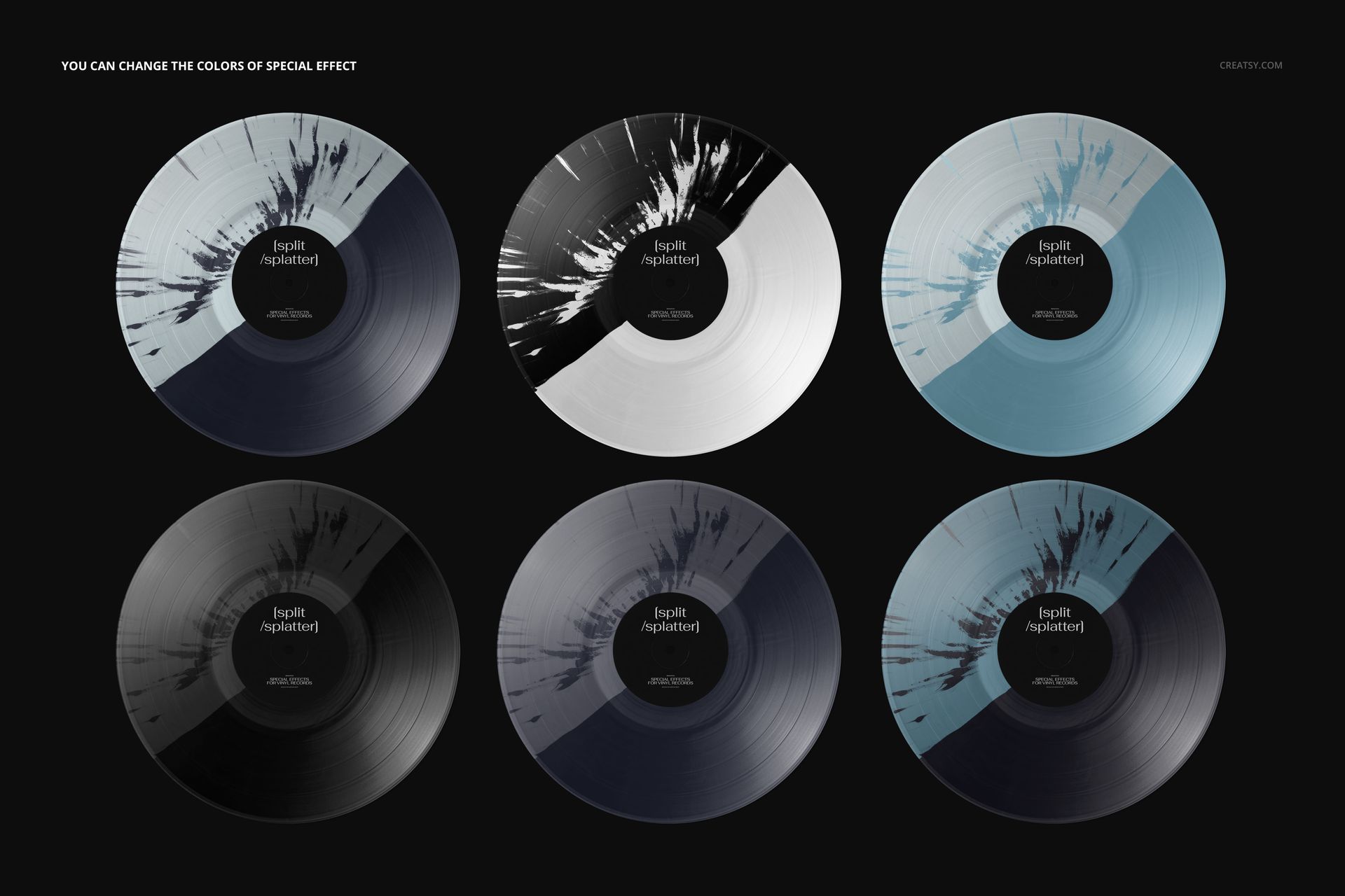 PSD mockup showing six vinyl records with varying split splatter designs and color combinations on a black background.