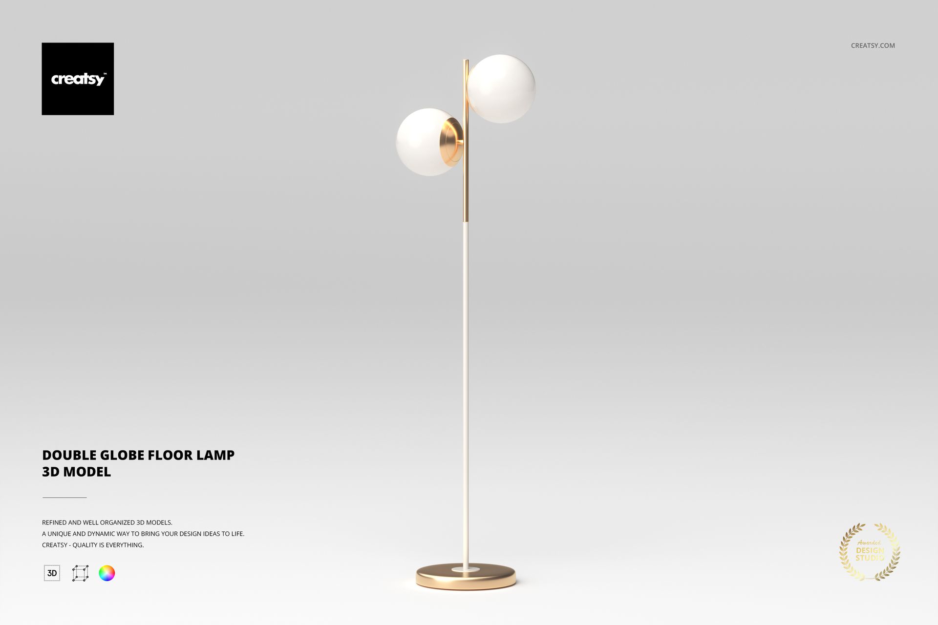 Double globe floor lamp with two white spherical shades on a slim gold stand, shown on a plain light background.