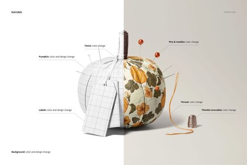 Front view of a fabric pumpkin mockup with autumn floral pattern, surrounded by sewing tools on a neutral background.