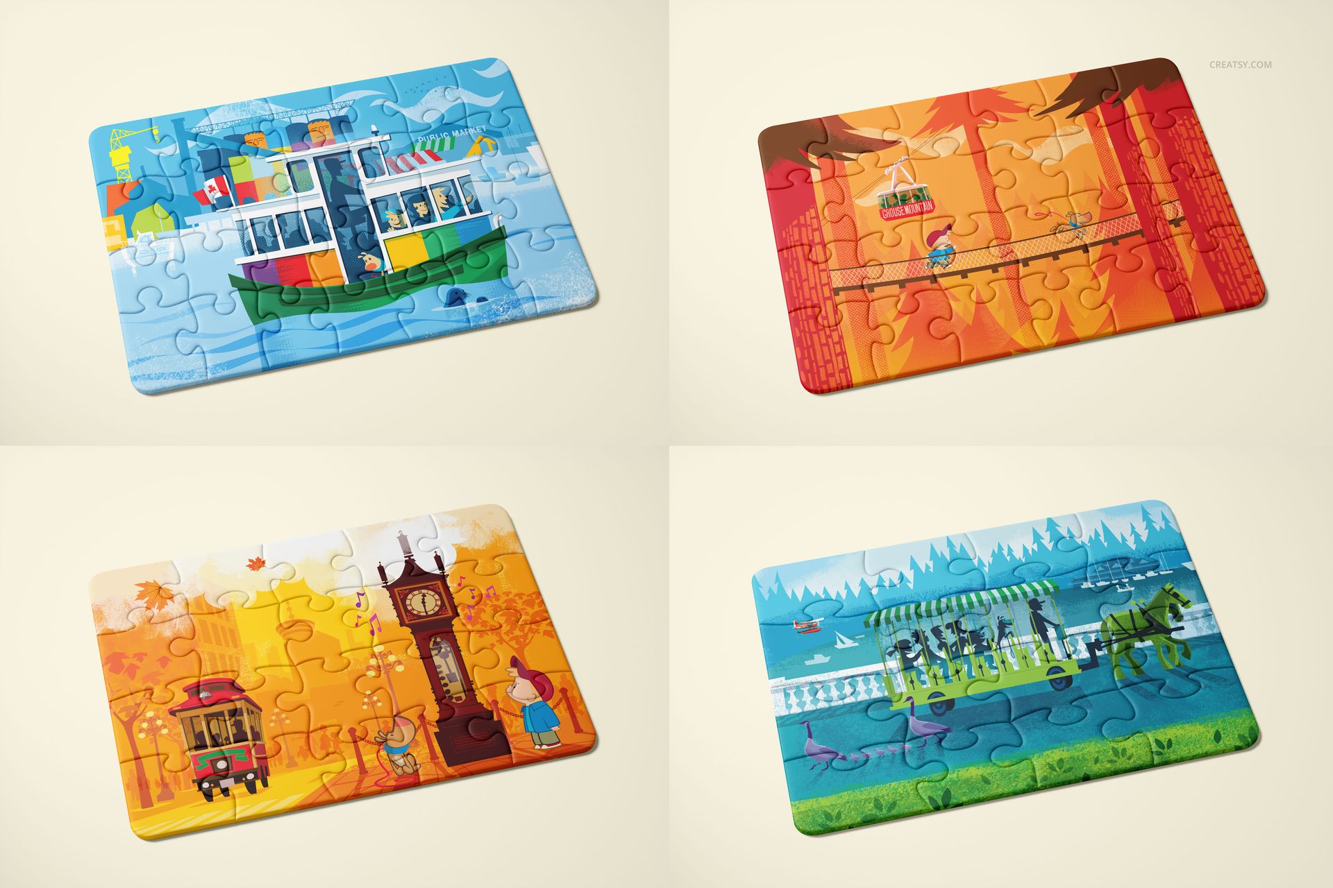 Four rectangular jigsaw puzzles with colorful illustrated scenes, displayed from a top view on a neutral background.