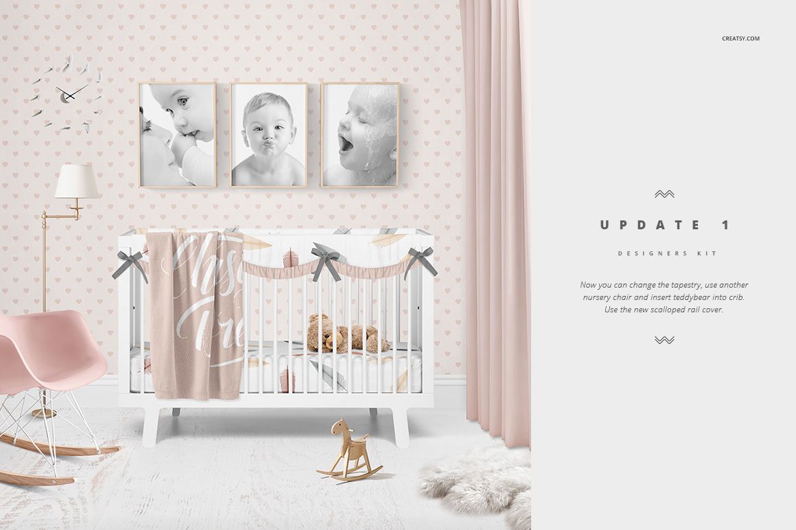 Front view of a white crib with neutral bedding and decorative garland in a softly lit baby nursery mockup scene.
