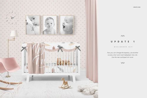 Front view of a white crib with neutral bedding and decorative garland in a softly lit baby nursery mockup scene.