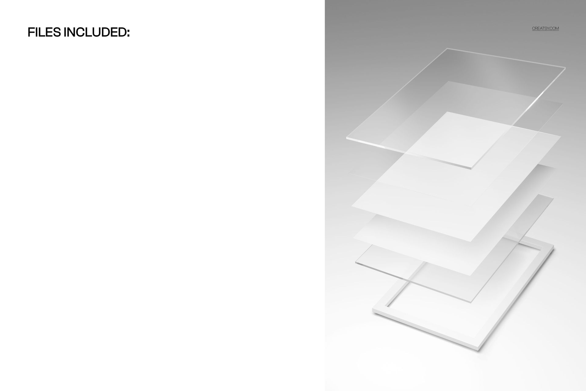 Floating acrylic print mockup showing several transparent matte layers stacked above a rectangular base on a gray background.