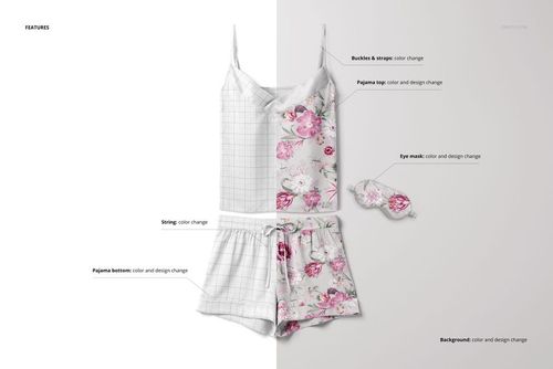 Front view of a short silk pajama set mockup featuring a sleeveless top, shorts, and eye mask with floral and grid patterns.