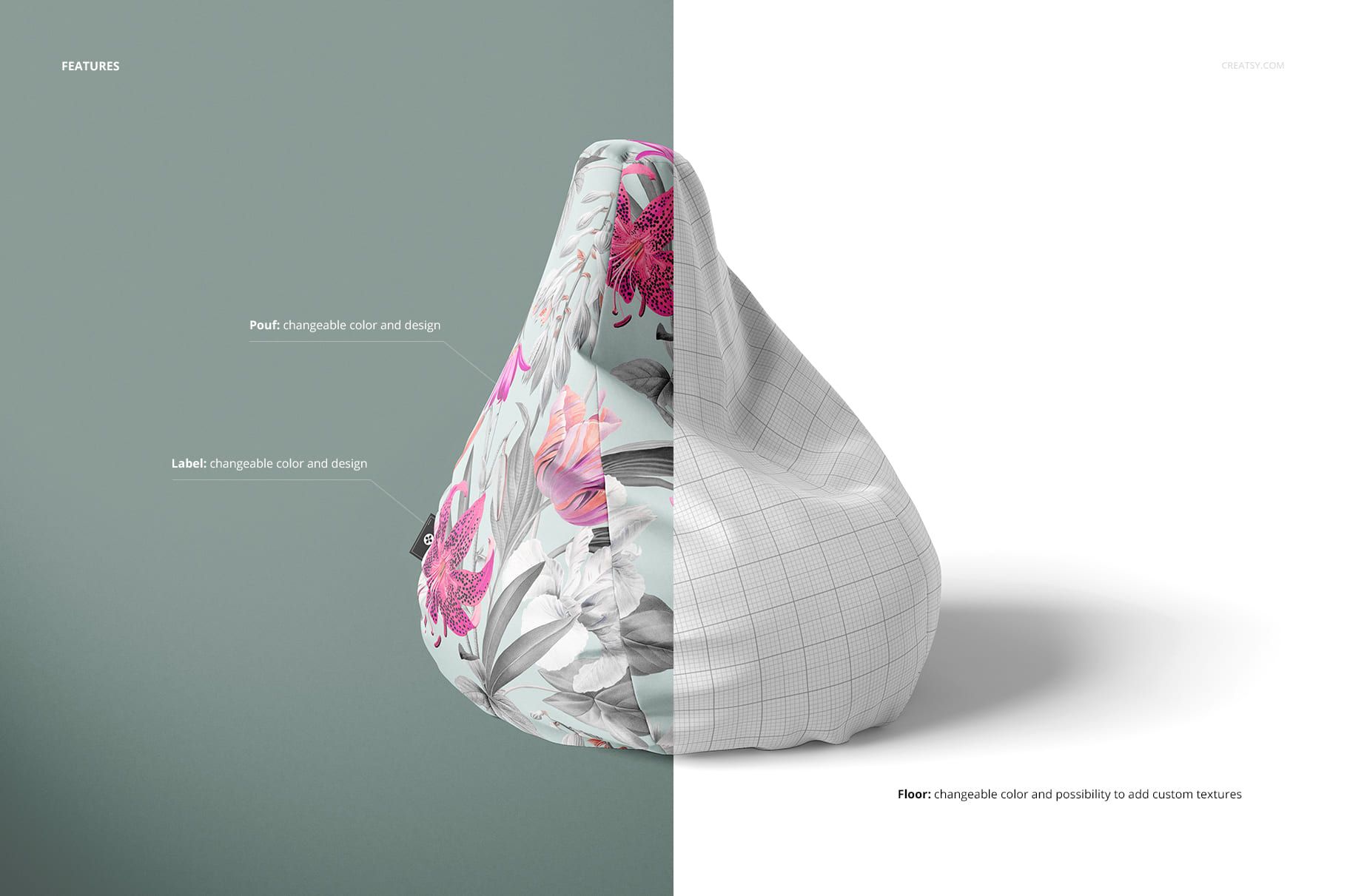 Bean bag chair mockup shown from a side angle, featuring a split design with floral pattern and grid texture.