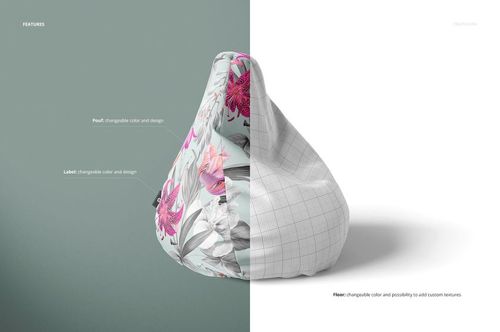 Bean bag chair mockup shown from a side angle, featuring a split design with floral pattern and grid texture.