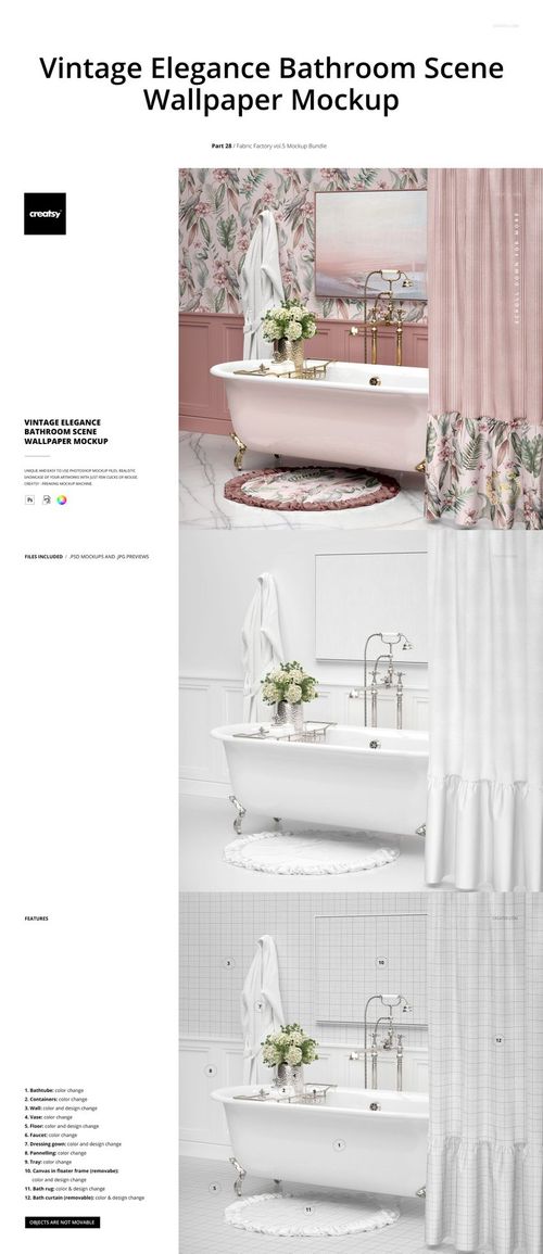 Vintage bathroom mockup with a white tub, floral patterned wallpaper, and soft pink and white drapes in the background.