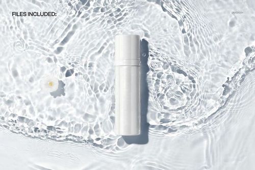 White serum pump bottle mockup lying on rippling water surface, viewed from above with soft natural lighting.