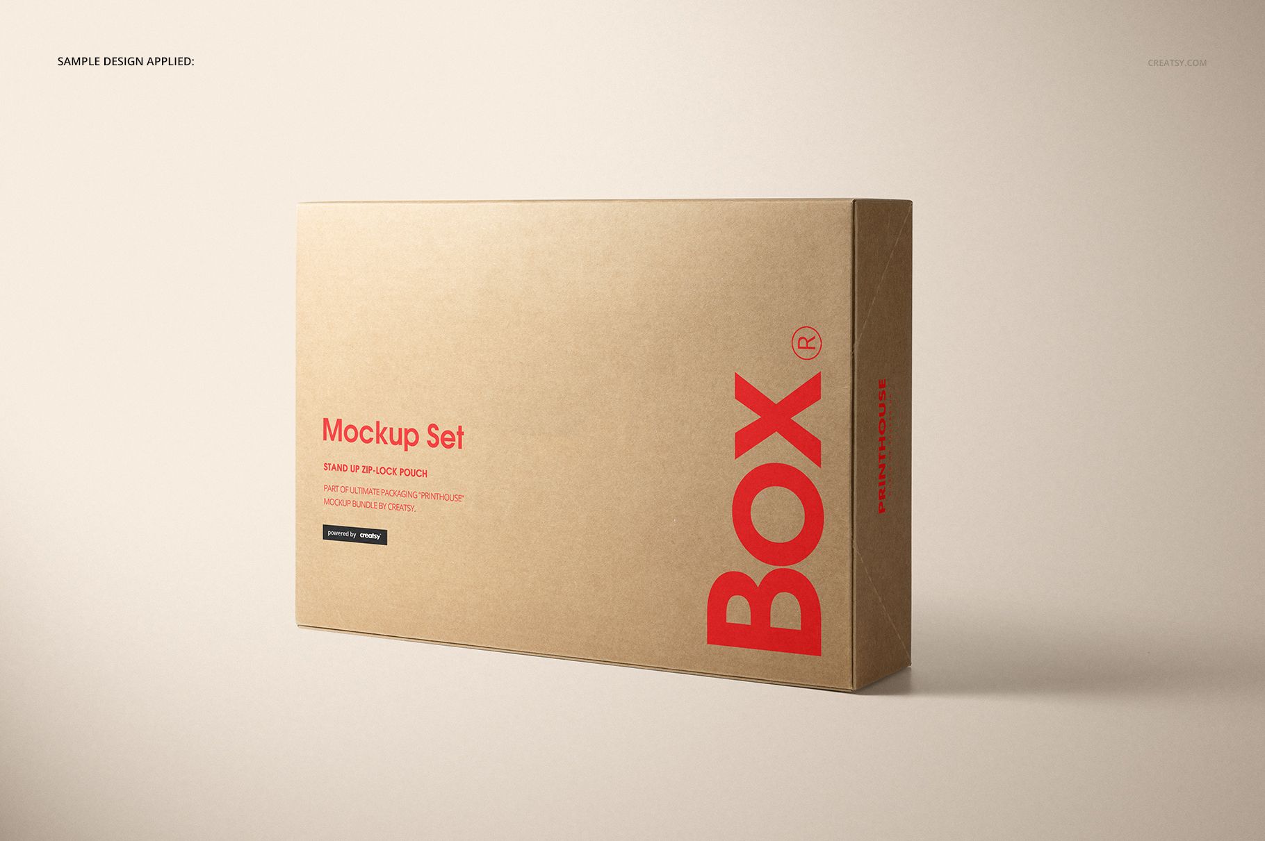 Rectangular natural kraft set box with red text, shown in front view on a neutral background, packaging mockup.