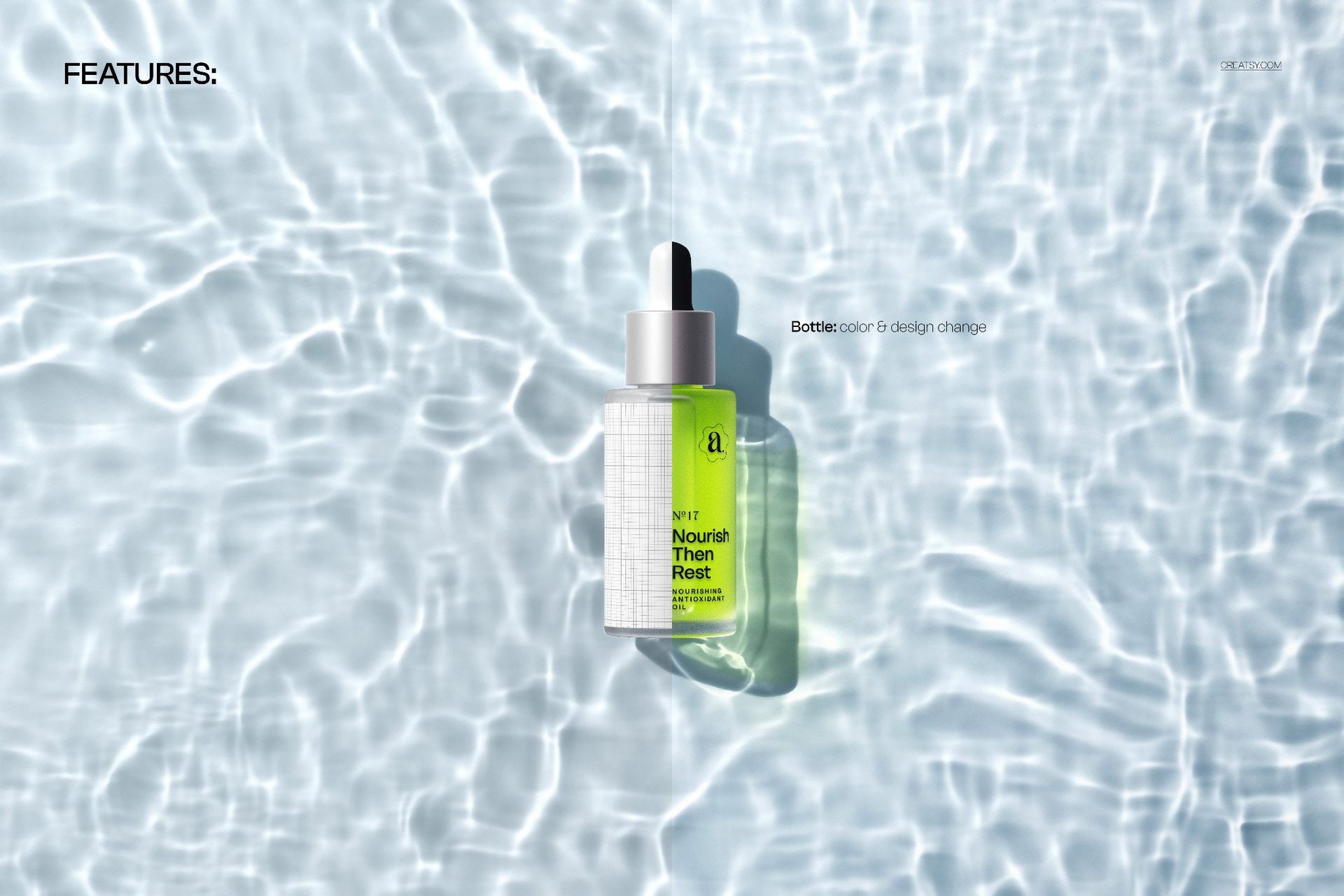 Top view of a transparent serum bottle mockup in bright water, showing grid label and shimmering light effects.