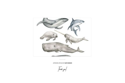 Front view of a nursery wall banner mockup featuring illustrated sea animals in gray tones on a white background.