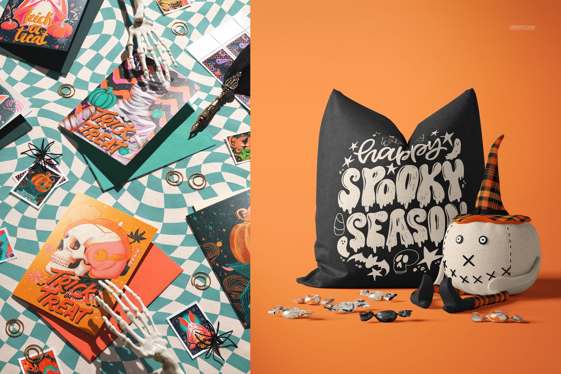 Halloween-themed PSD mockup featuring decorative pillows, a plush pumpkin, skeleton hands, and colorful cards.