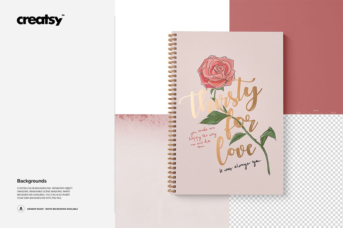 Front view of an A4 notebook mockup with square holes, spiral binding, and a floral design on a pink cover.