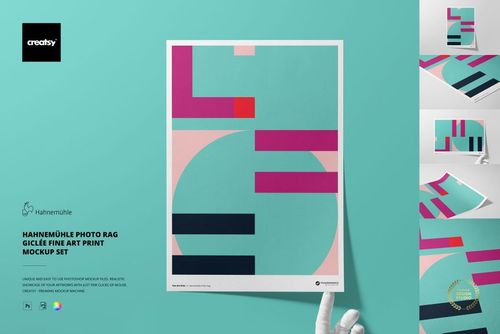 A3 fine art print mockup with geometric abstract pattern in teal, pink, and purple, shown from front view.