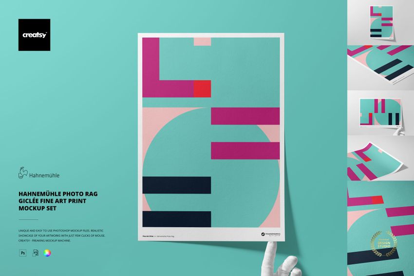 A3 fine art print mockup with geometric abstract pattern in teal, pink, and purple, shown from front view.