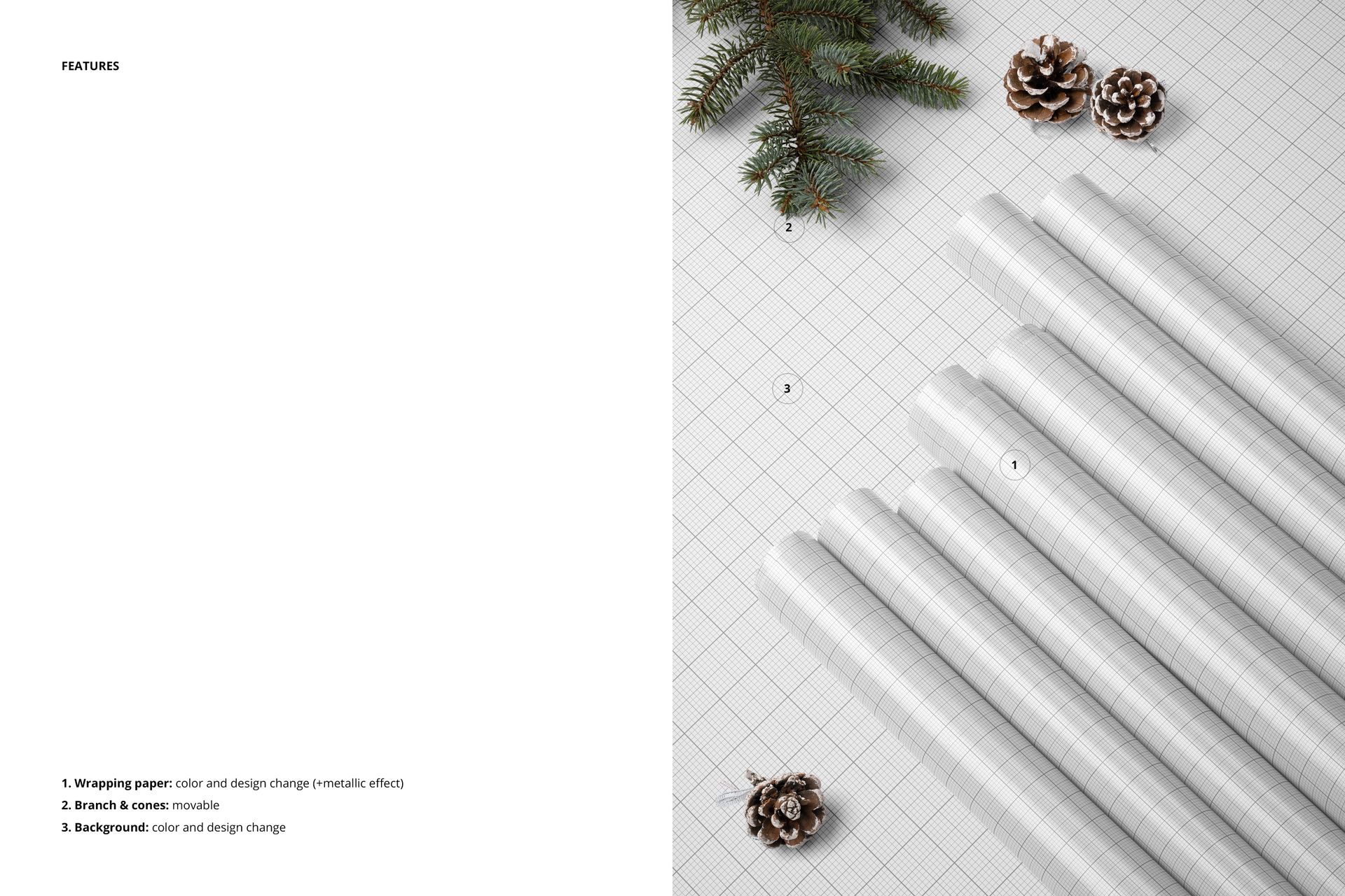 PSD mockup showing multiple white gift wrap paper rolls with subtle grid lines, festive pine cones, and greenery.