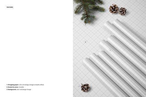 PSD mockup showing multiple white gift wrap paper rolls with subtle grid lines, festive pine cones, and greenery.