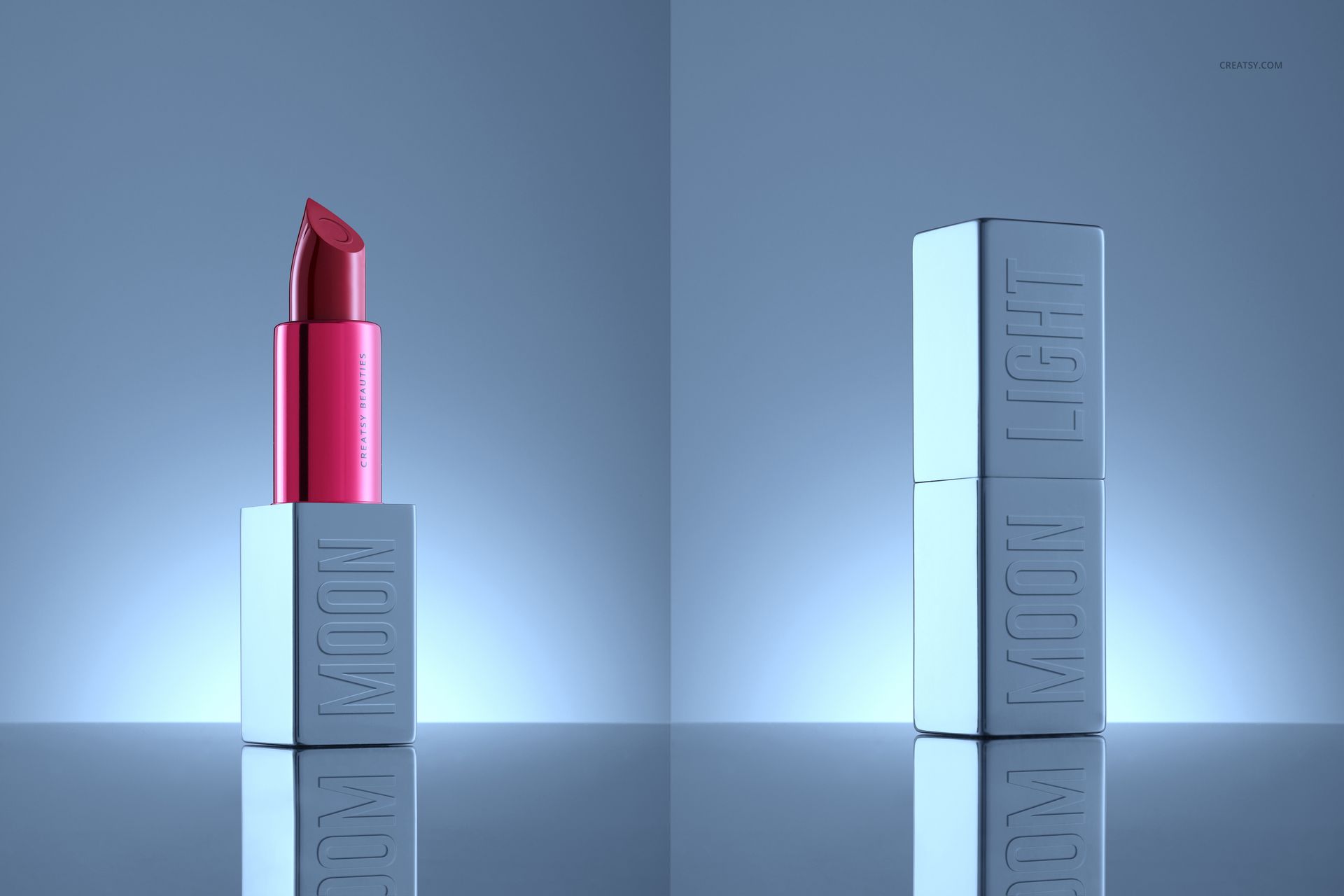 Lipstick mockup featuring an open red lipstick and a closed silver case, both with embossed text, set against a blue background.