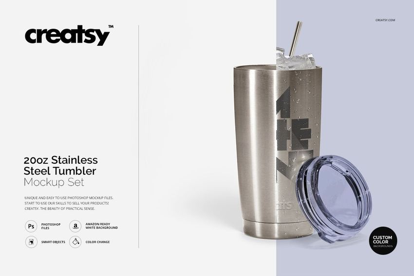 Stainless steel tumbler with engraved geometric design, clear lid, and straw shown on a neutral background.