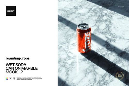 PSD mockup of a chilled soda can on a marble background with dramatic sunlight and distinct shadows.