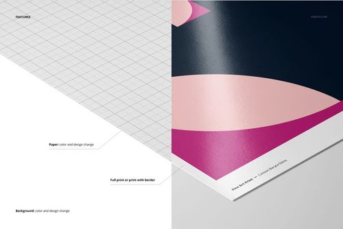 Split view of a fine art print mockup showing a close-up of glossy paper with abstract shapes and a grid background.