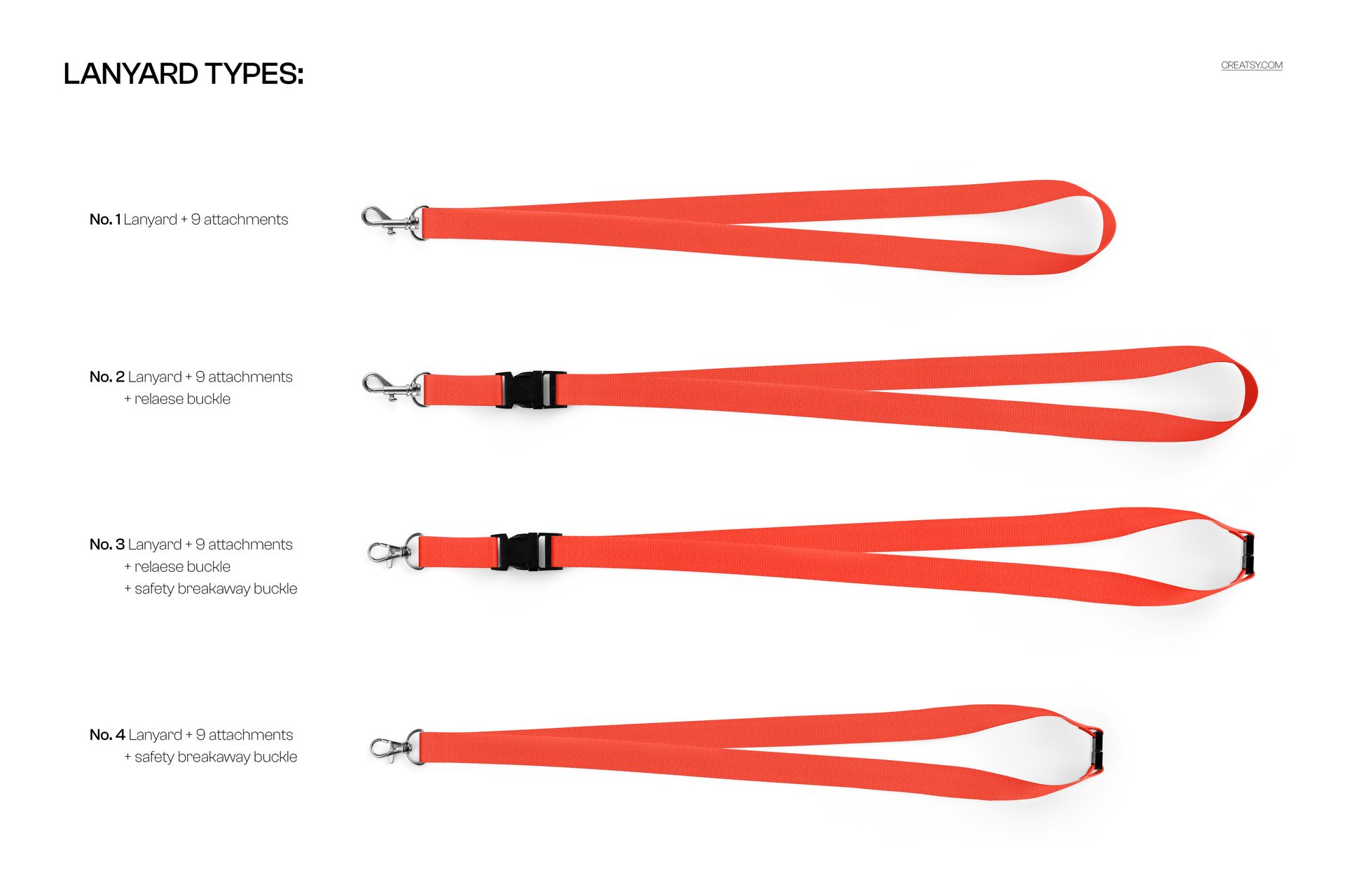 Polyester lanyards mockup showing four styles with attachments and safety buckles, photographed from above.