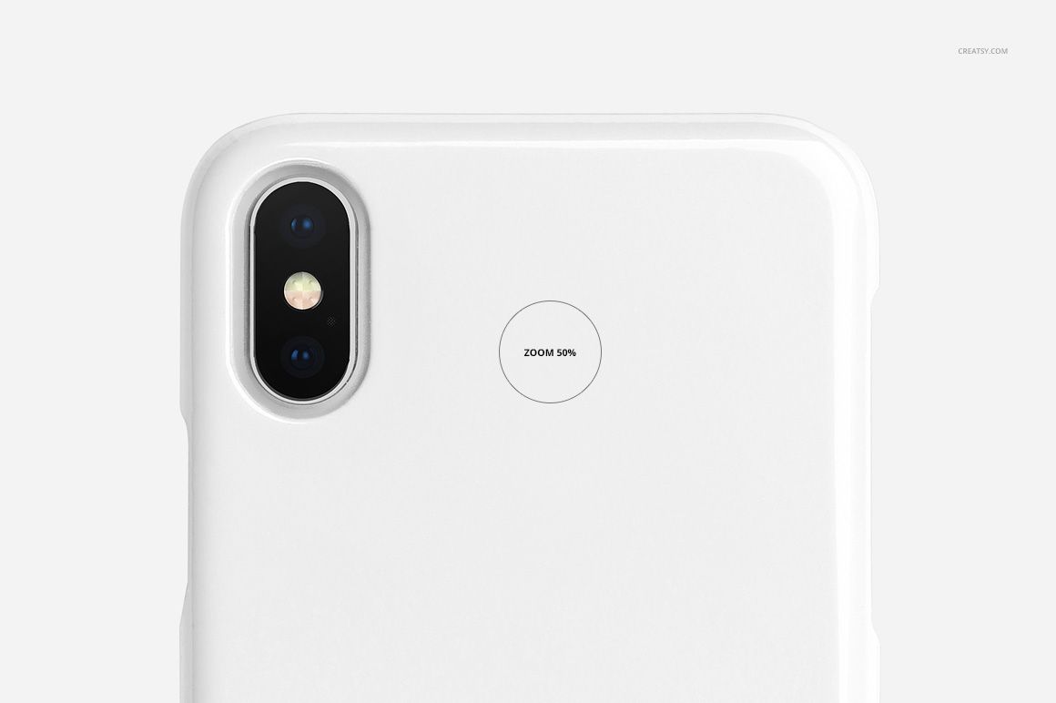 Close-up front view of a white plastic iPhone X case mockup with dual camera on a plain light background.