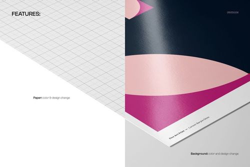 Closeup of an A3 fine art print mockup showing a glossy paper corner with abstract pink and navy shapes.