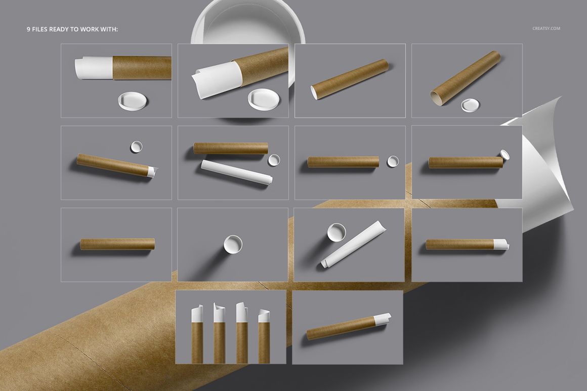 Mailing tube PSD mockup featuring brown tubes with white end caps, displayed in different perspectives and scenes.